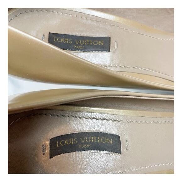 Louis Vuitton Oh Really! Beige Patent Leather Peep Toe Pumps Gold LV Padlock - Picture 11 of 14